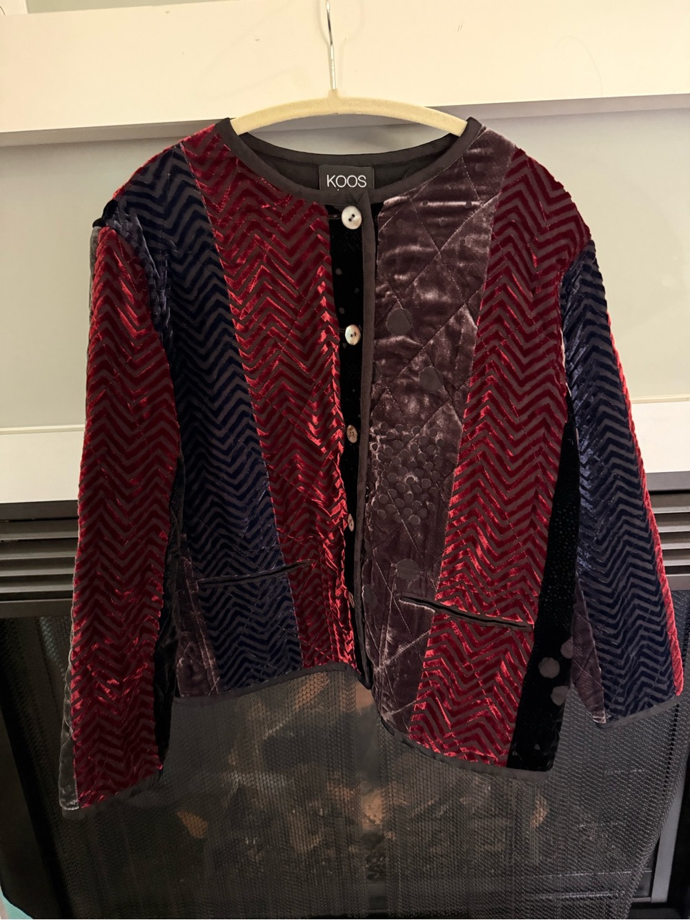 Vintage Koos of Course patchwork silk, rayon, velvet jacket. Size medium